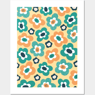 Funky Floral Pattern in Charcoal, Teal, Orange and Yellow Posters and Art